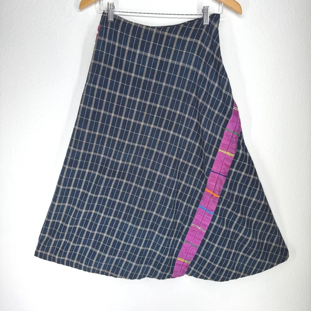 Vintage Habitat Navy Grid Plaid Woven Midi Skirt Side Zip Eclectic Boho Textured - Picture 2 of 9